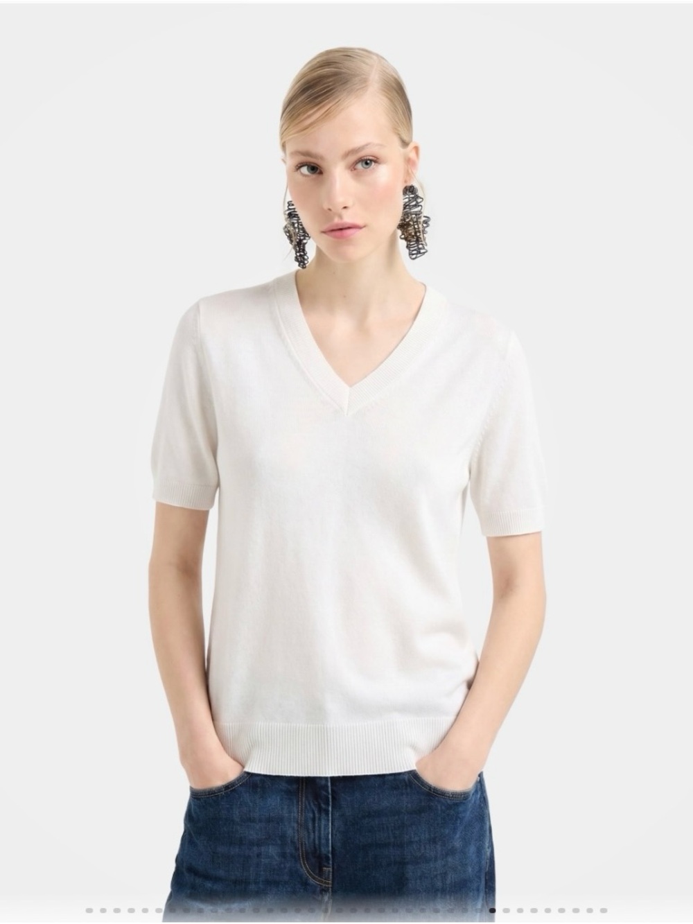 Magaschoni Ivory Cashmere V-Neck Short Sleeve Sweater